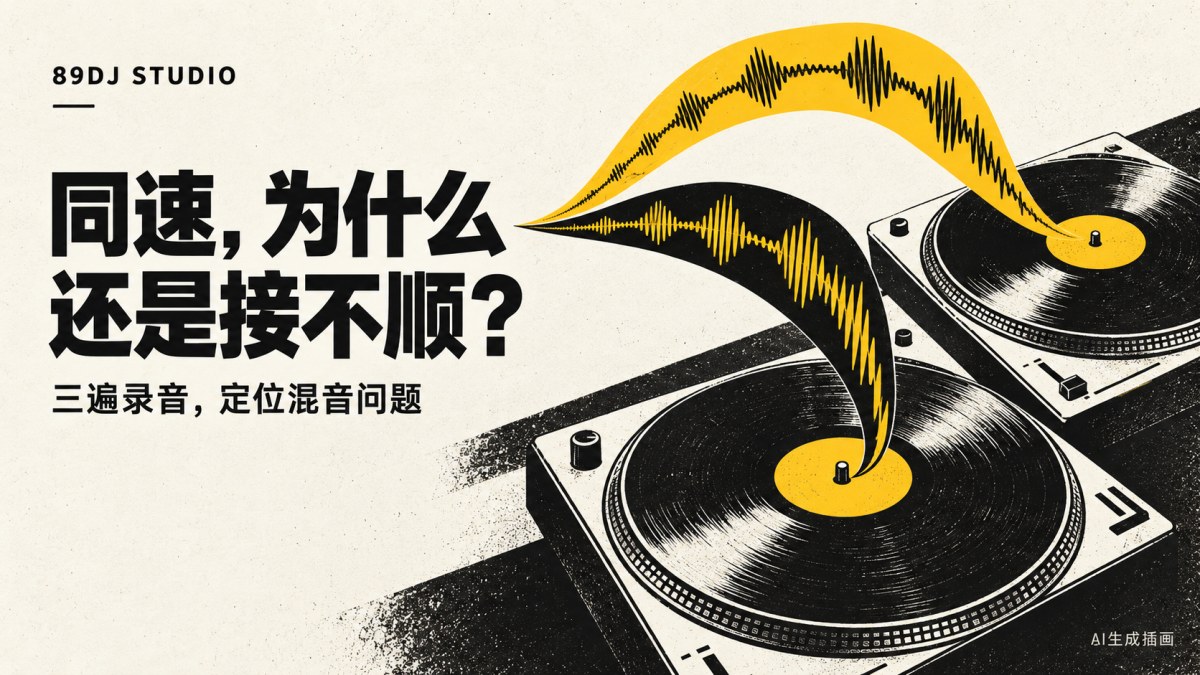 两台唱盘与相接的抽象波形，提示检查乐句交接；AI生成原创插画