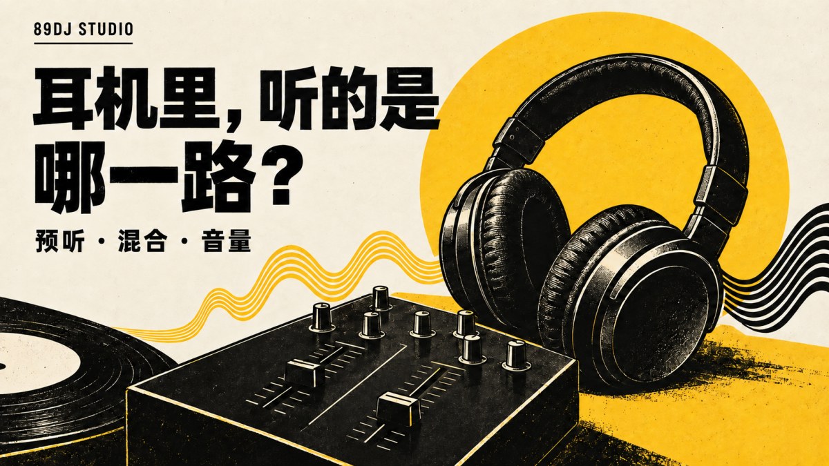 耳机与简化混音台的黑白黄插画,主题是预听、混合与耳机音量