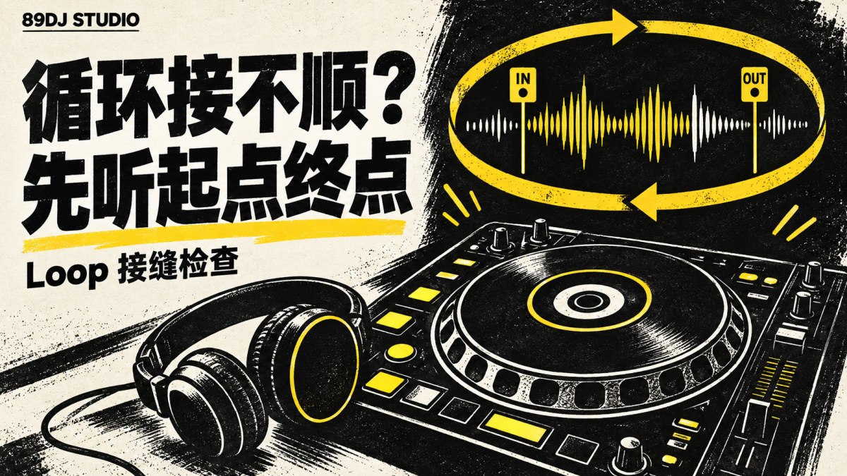 黑白黄风格的DJ播放器、耳机与循环波形,标出起点和终点