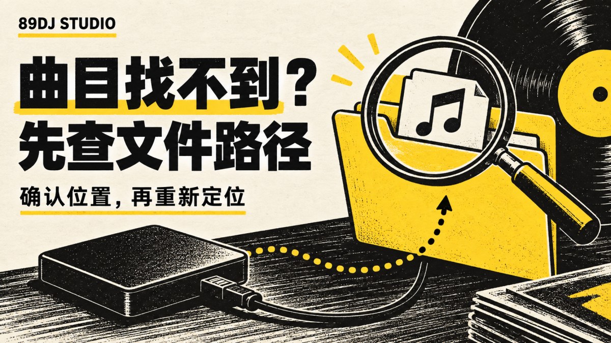 黑白黄风格的音乐文件夹、放大镜与外置硬盘,主题为检查曲目文件位置