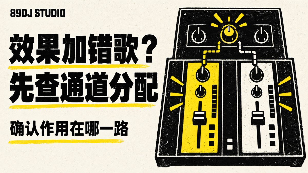 黑白黄色双通道混音器示意插画,标题为效果加错歌?先查通道分配