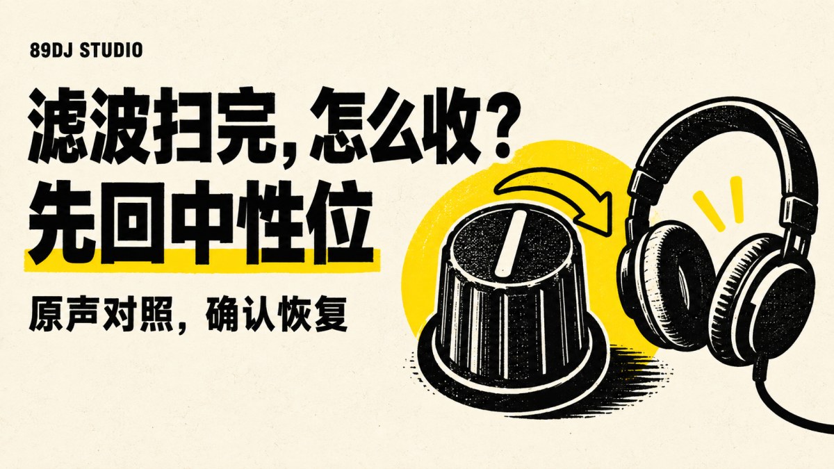 黑白黄色旋钮、返回箭头与耳机插画,标题为滤波扫完,怎么收?先回中性位