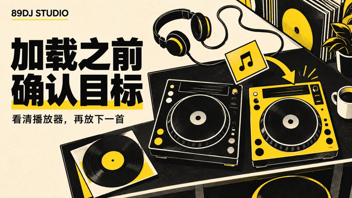 黑白黄色双播放器、唱片和耳机概念插画,标题为加载之前,确认目标