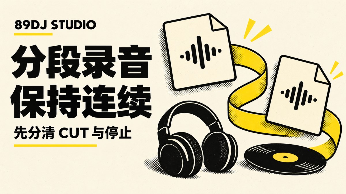 黑白黄色音频文件卡片、连接丝带、耳机与唱片概念插画,标题为分段录音,保持连续