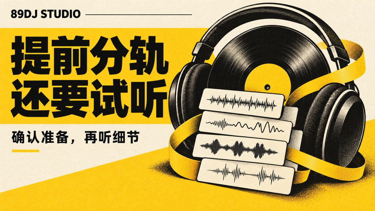 黑白黄色唱片、耳机与声音层次概念插画,标题为提前分轨,还要试听