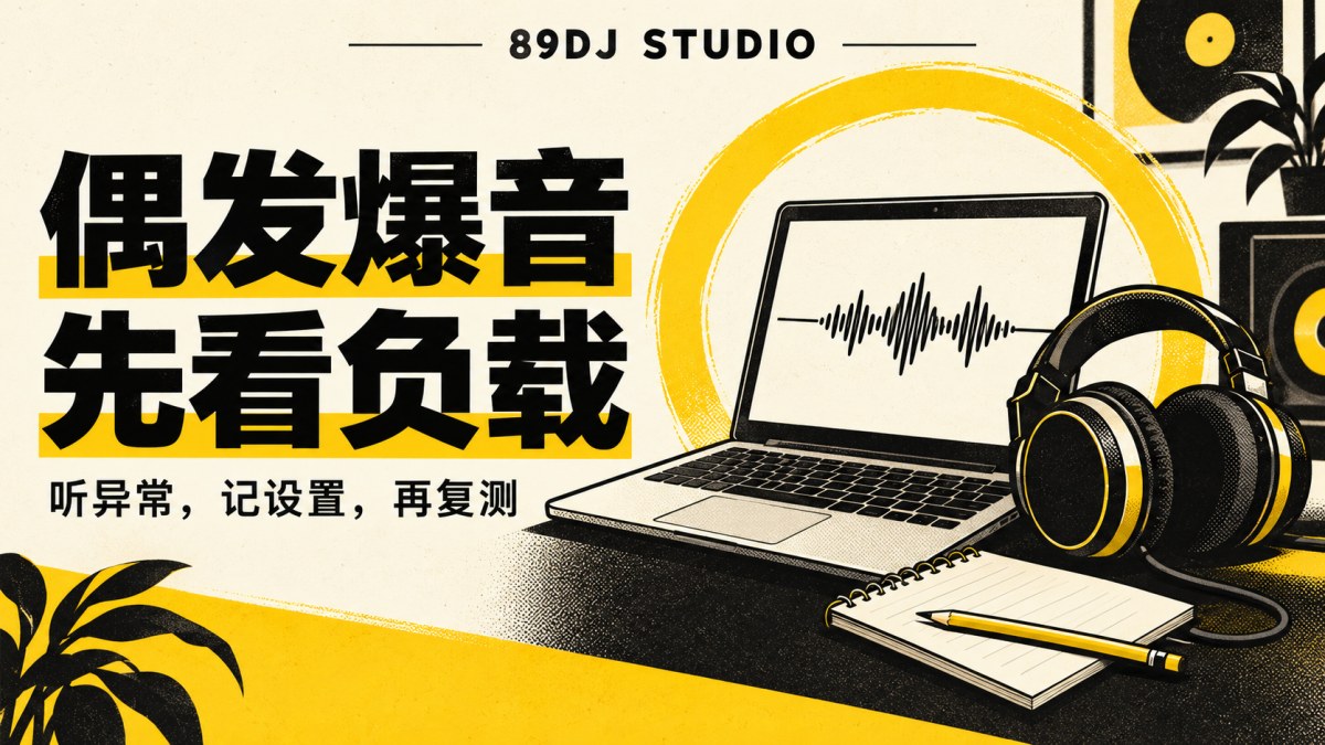 黑白黄色笔记本电脑、耳机与试听记录本插画，标题为偶发爆音，先看负载