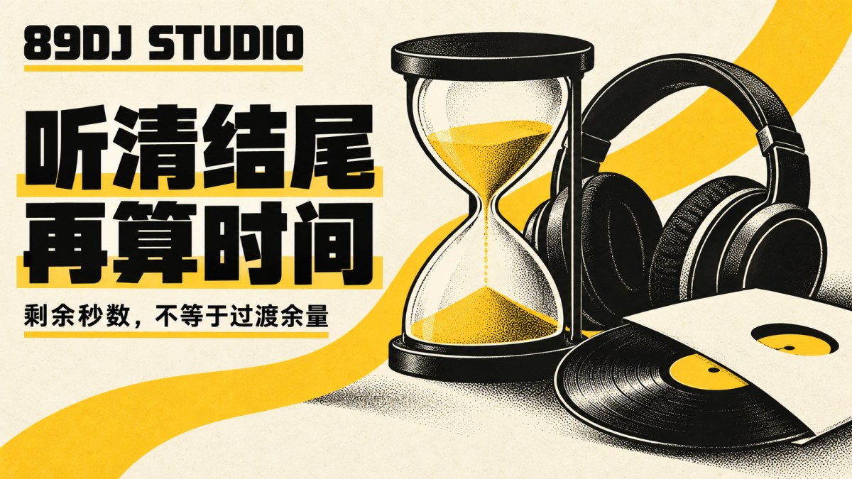 黑白黄色沙漏、耳机与唱片插画,标题为听清结尾,再算时间