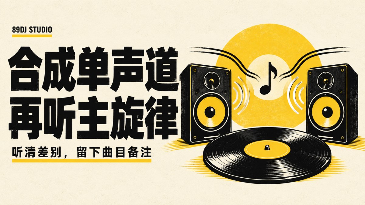 黑白黄色音箱与唱片插画,标题为合成单声道,再听主旋律