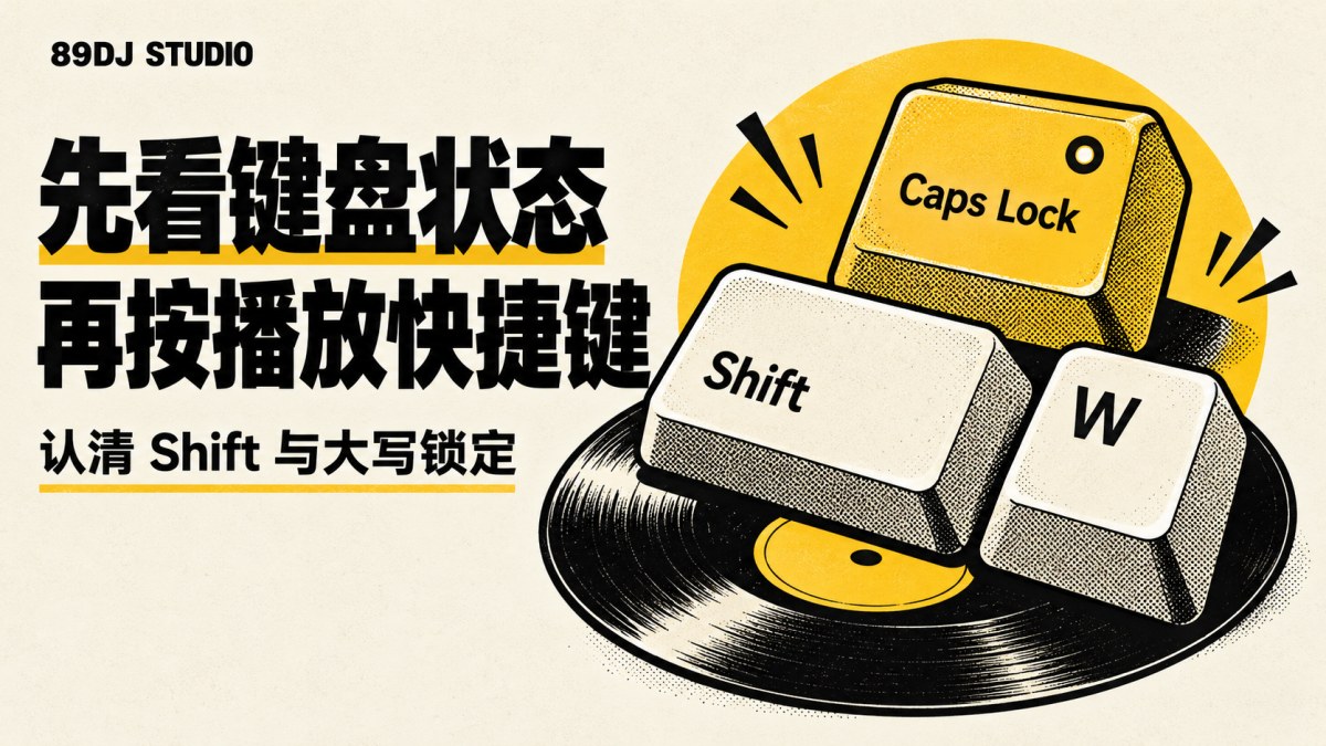 黑白黄键帽与唱片插画,显示Shift、W和Caps Lock,标题为先看键盘状态,再按播放快捷键