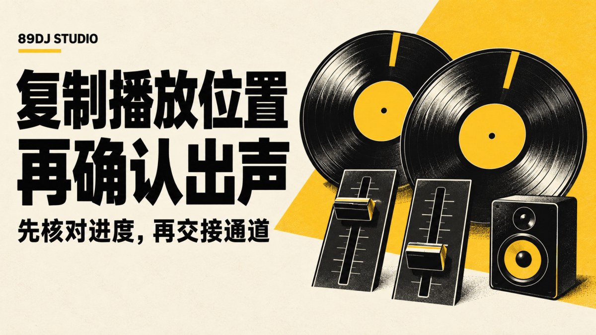 黑白黄唱片、两条通道推子与音箱插画,标题为复制播放位置,再确认出声