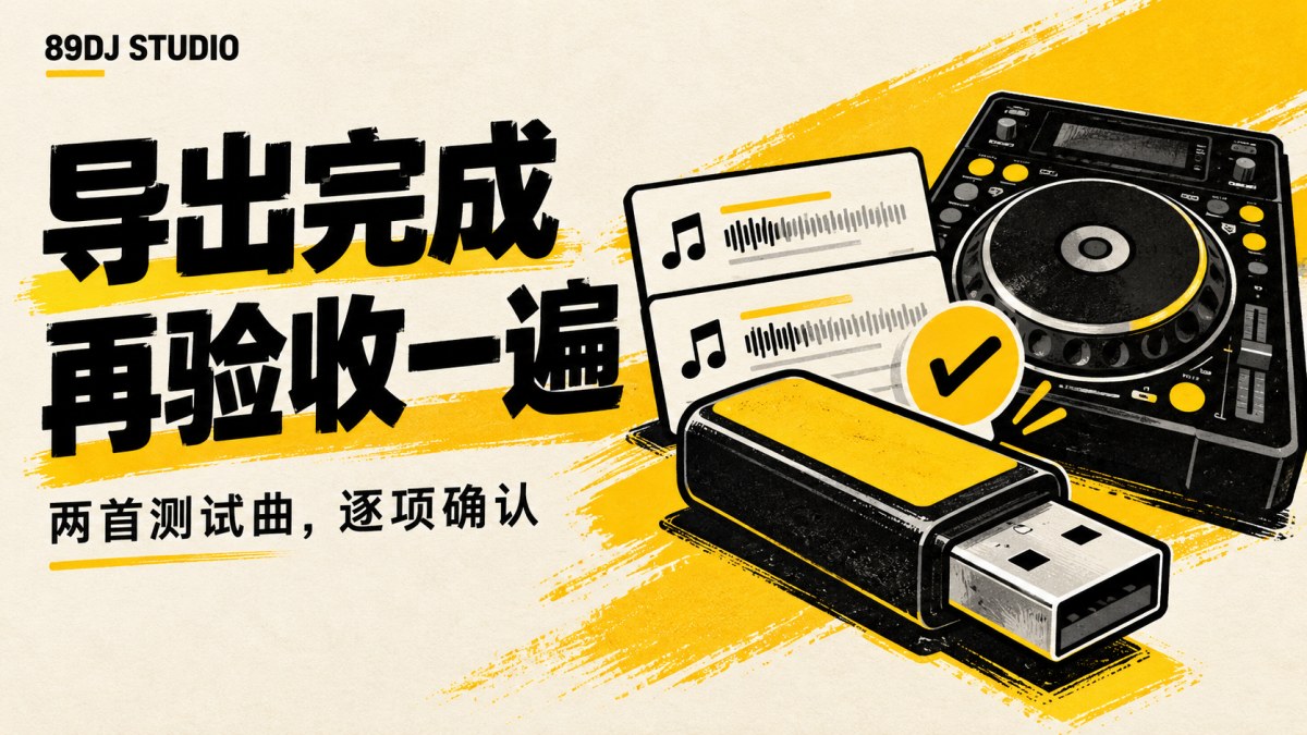 黑白黄U盘、两张曲目卡片与播放器插画,标题为导出完成,再验收一遍