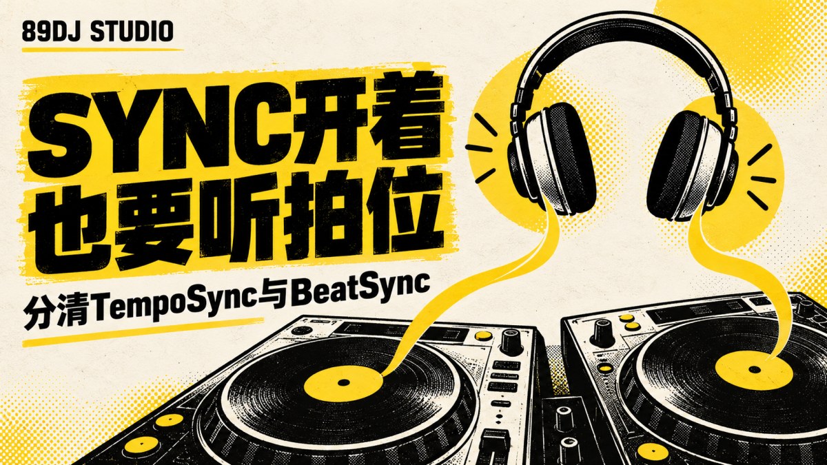 黑白黄双播放器与耳机插画,标题为SYNC开着、也要听拍位