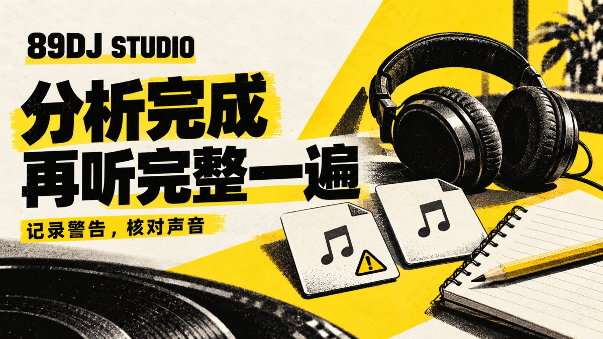 黑白黄耳机、音乐文件卡片与笔记本插画,标题为分析完成、再听完整一遍