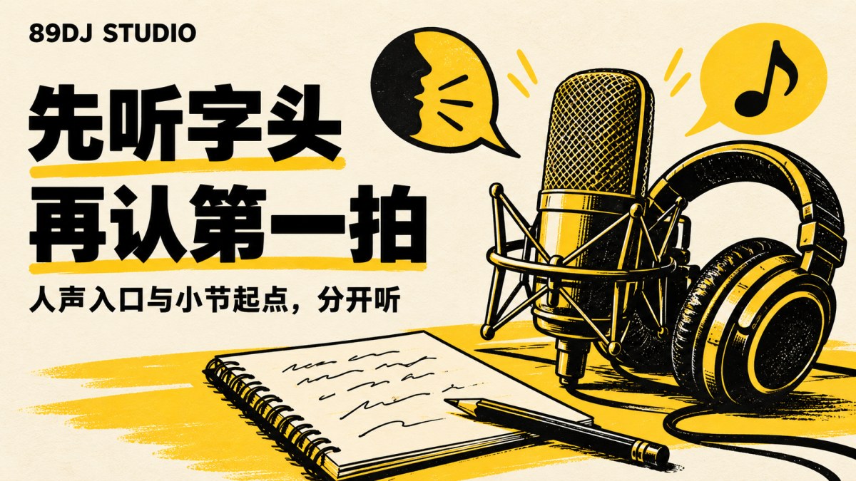 黑白黄麦克风、耳机与笔记本插画,标题为先听字头、再认第一拍